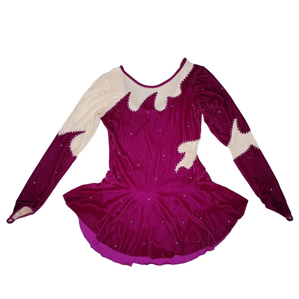 Ice Fairy Women's Figure Skating Dress M Velvet Mesh Red Beige Rhinestone Accent